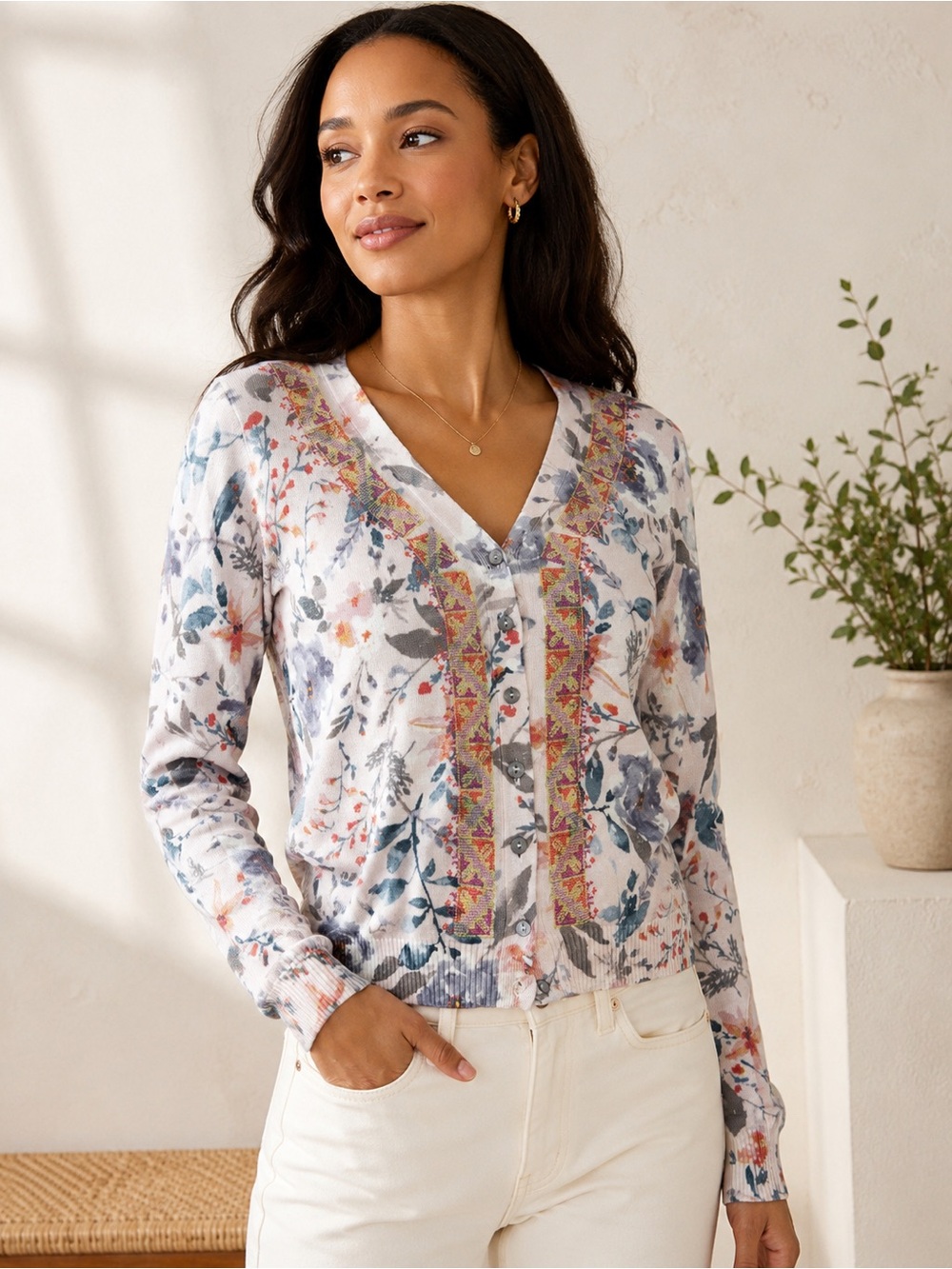 Sundance Floral Embroidered Trim Cardigan Sweater Cotton Blend Boho Medium